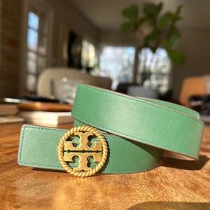 Tory Burch Green Leather Belt with Gold Logo Buckle